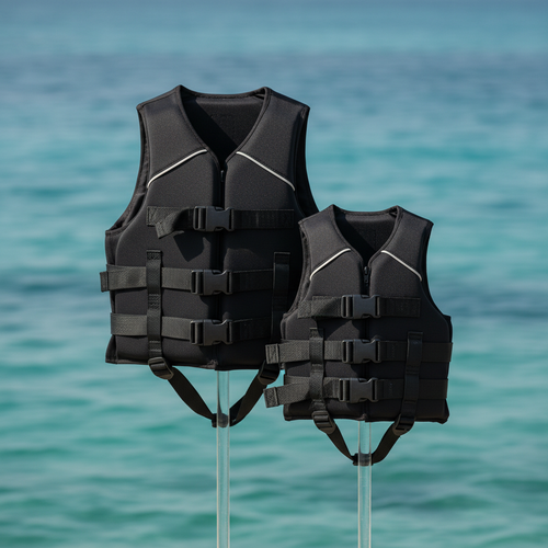 Black life jackets with ocean background