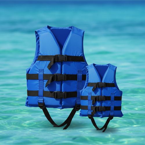 Blue life jackets with ocean background