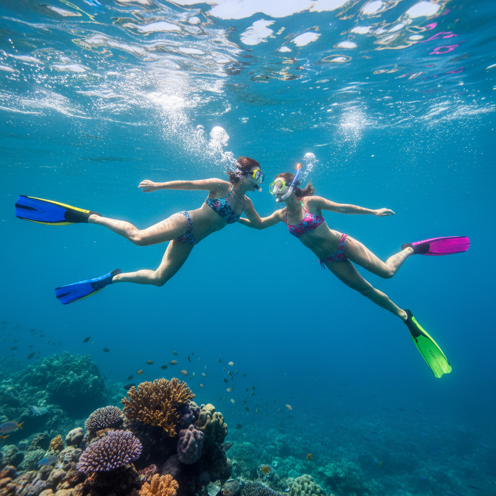 Adults wearing swimming fins in ocean