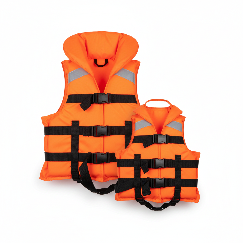 Orange life jackets for kids and adults