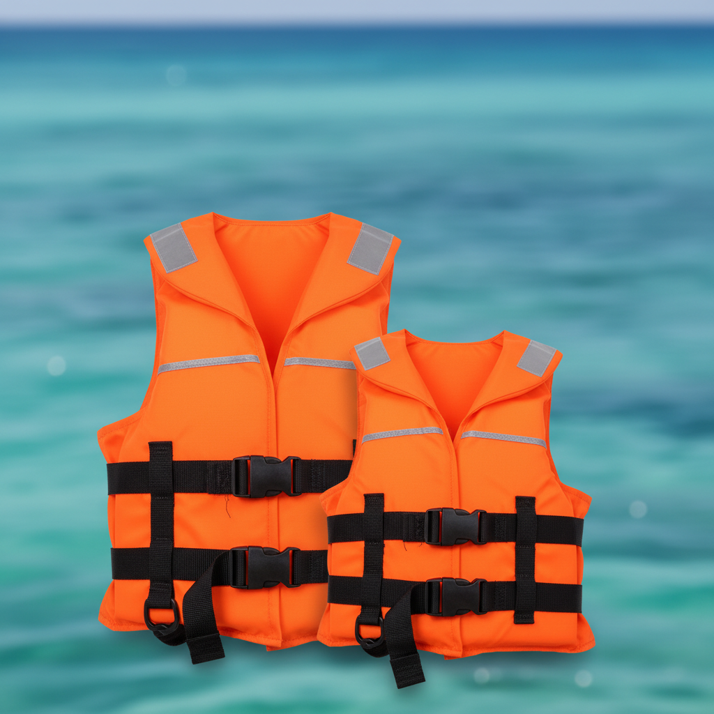 Orange life jackets with ocean background