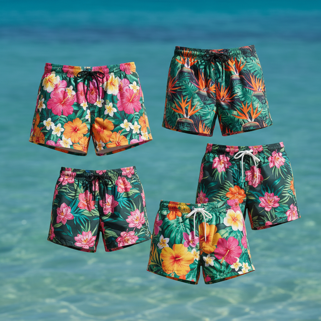 Swim shorts with exotic flowers with ocean background