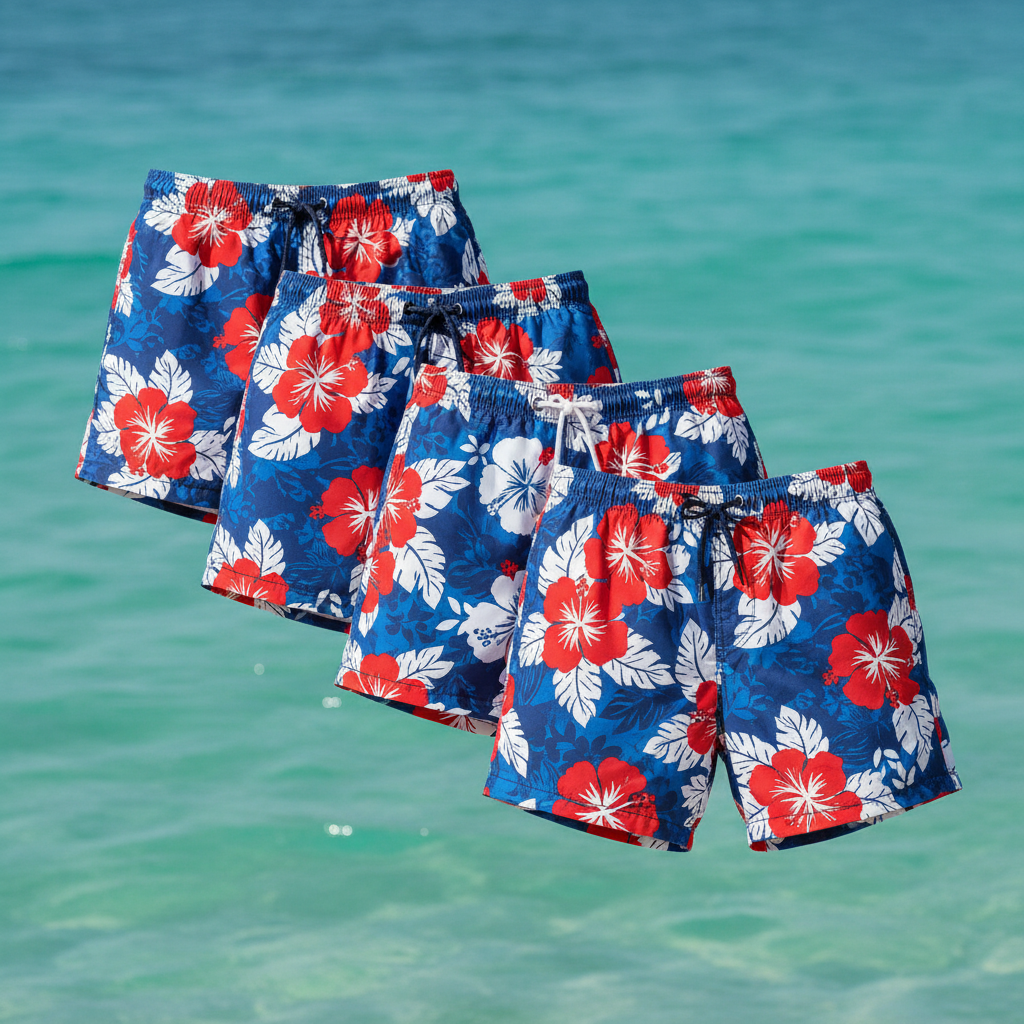 Swim shorts with Hawaiian flowers with ocean background