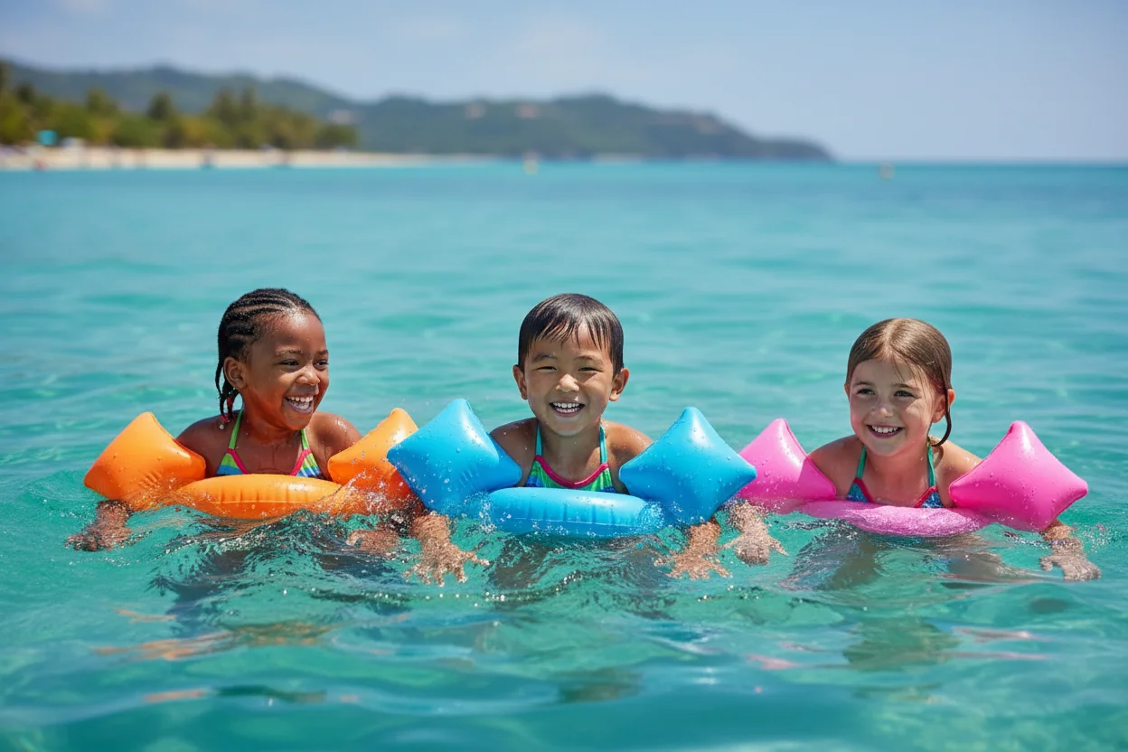 Family playing together in a bright sunny swimming pool